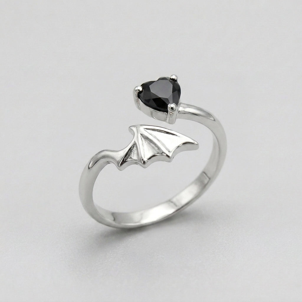 Gothic Bat Wing & Black Heart Crystal Adjustable Open Ring