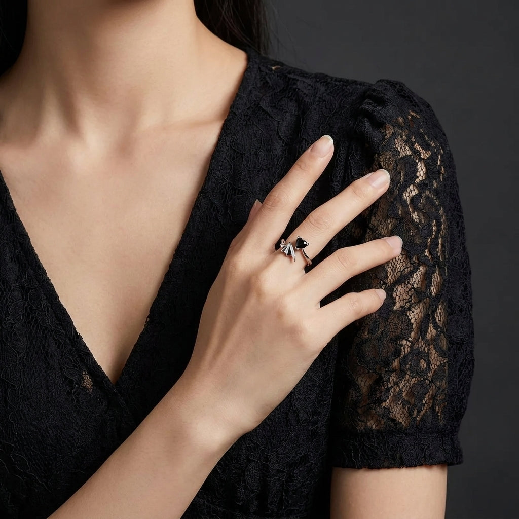 Gothic Bat Wing & Black Heart Crystal Adjustable Open Ring