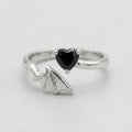 Gothic Bat Wing & Black Heart Crystal Adjustable Open Ring