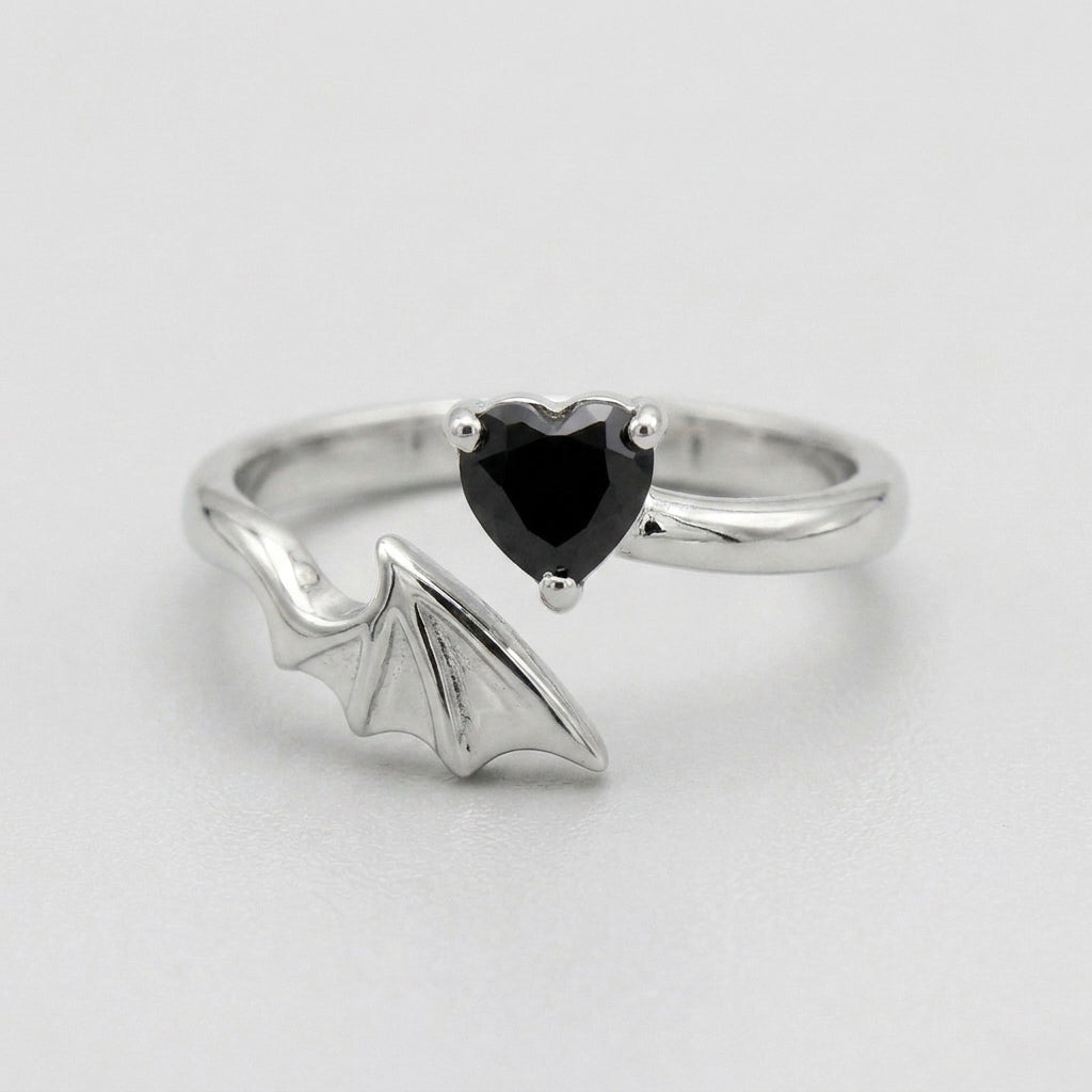 Gothic Bat Wing & Black Heart Crystal Adjustable Open Ring