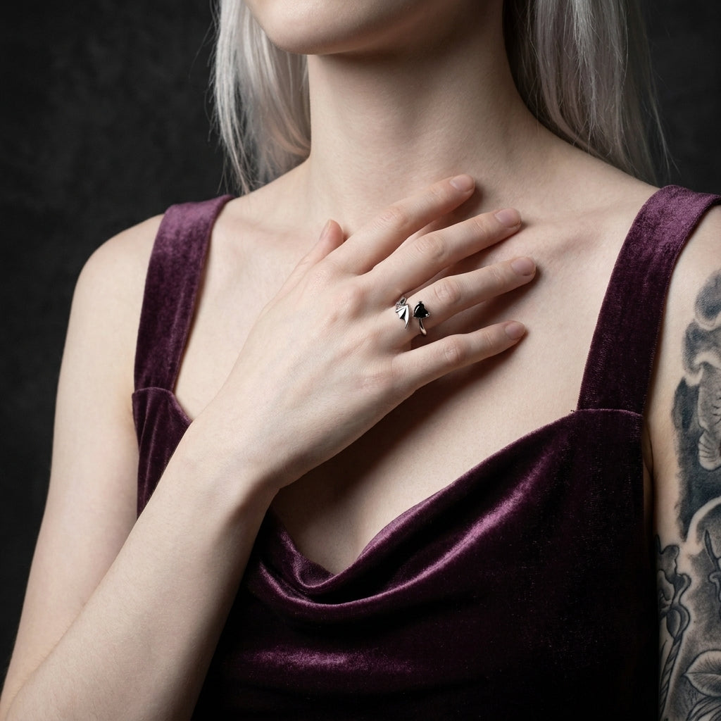 Gothic Bat Wing & Black Heart Crystal Adjustable Open Ring
