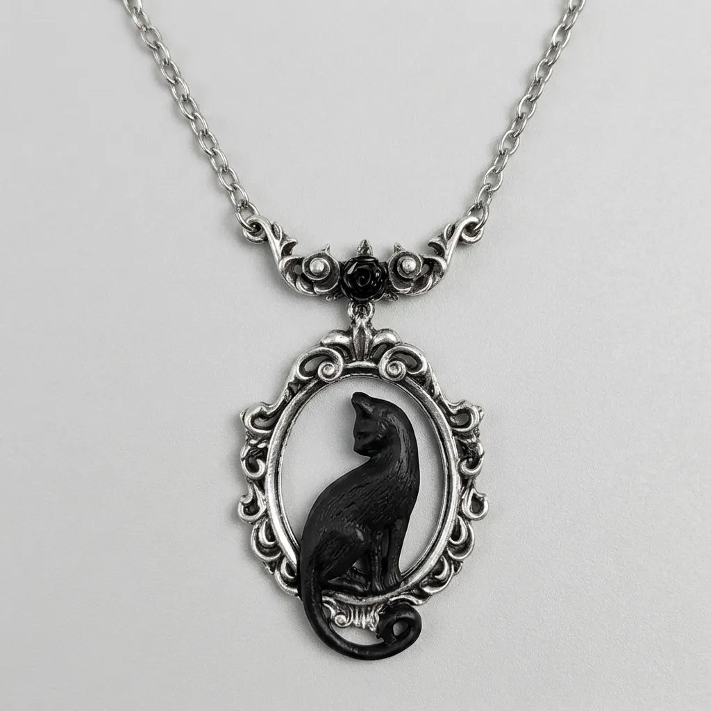 Shadow Cat Victorian Frame Rose Necklace