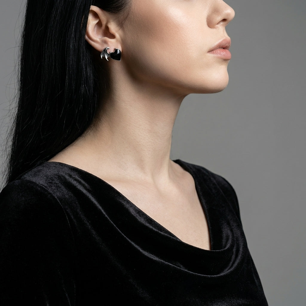 Dark Heart Takes Flight - Black Enamel Winged Heart Stud Earrings